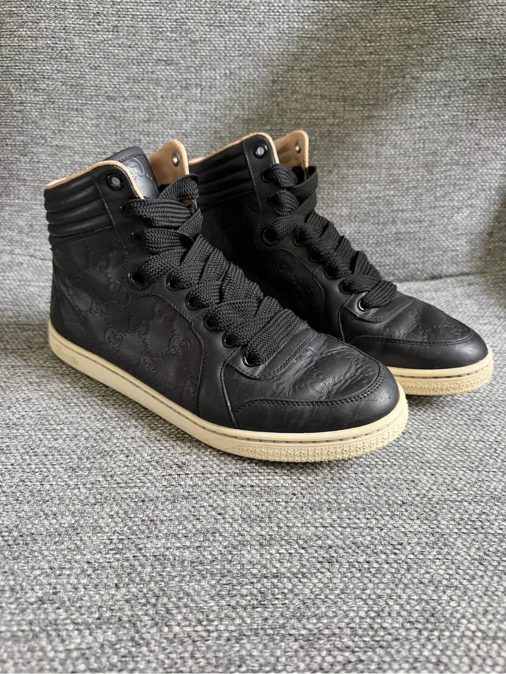 Gucci Black Embossed Leather High-Top Sneakers with Cream Sole